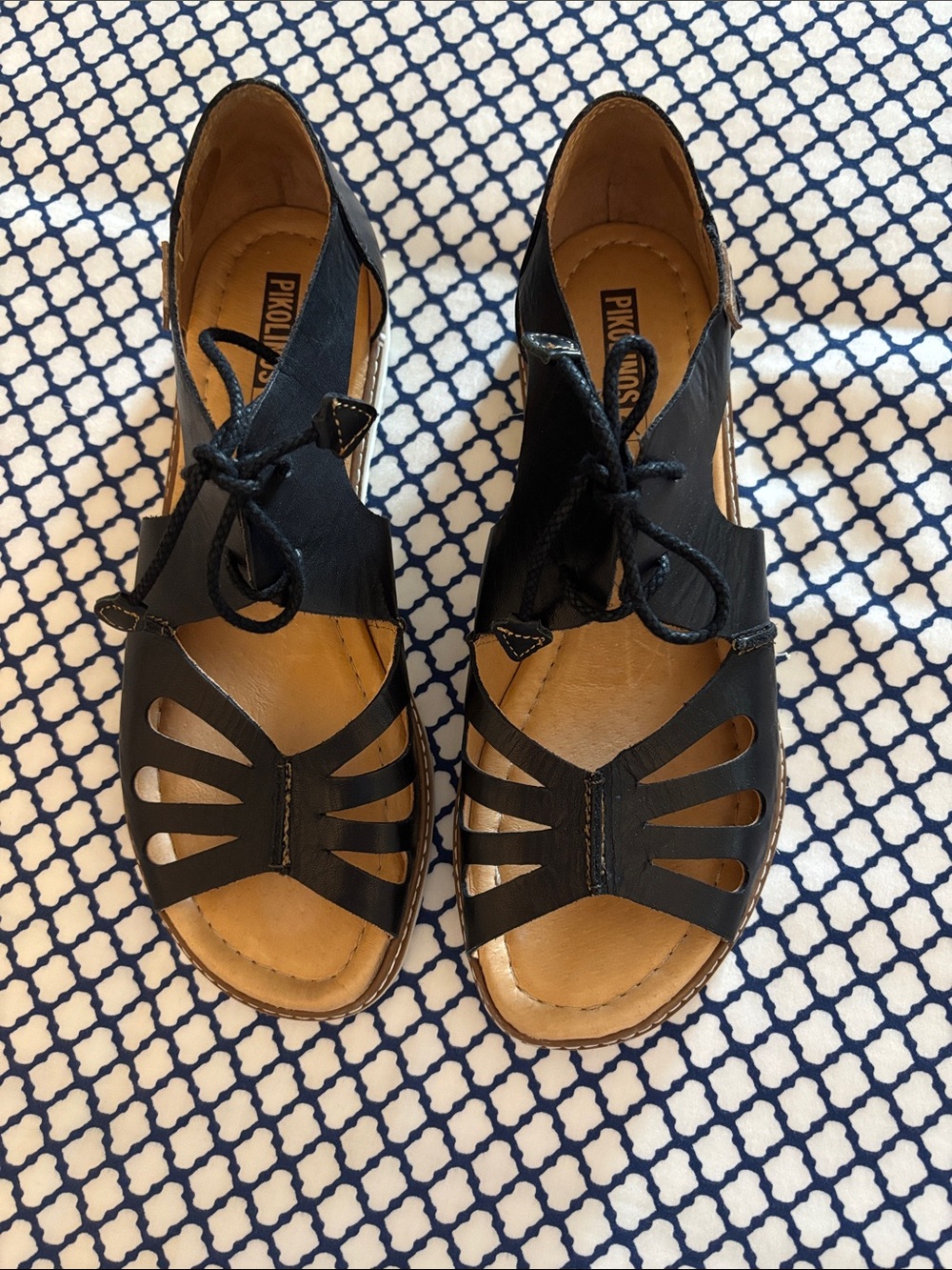 PIKOLINOS Black Cutout Lace-Up Leather Sandals